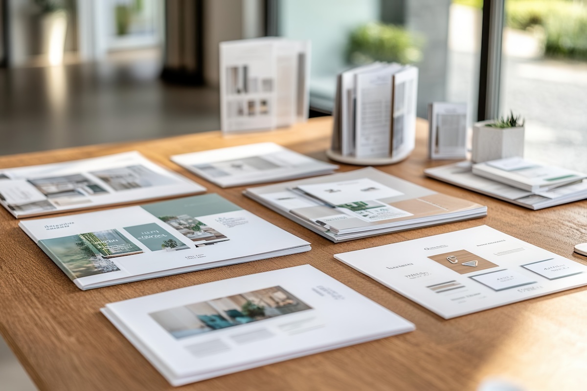 Close-up of high-quality catalogs and marketing booklets on a wooden conference table