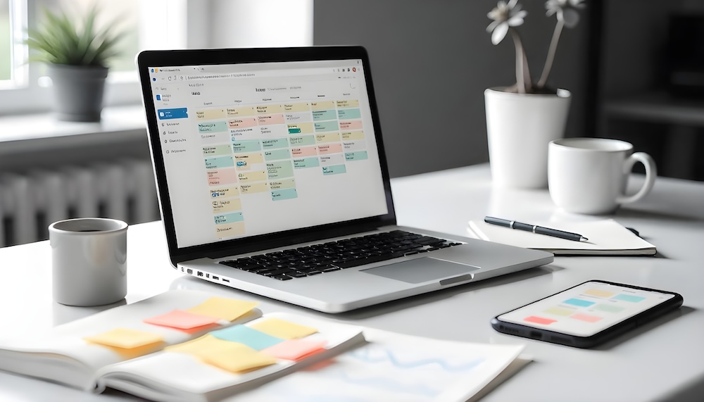 Computer on desk with a screen showing a content marketing calendar