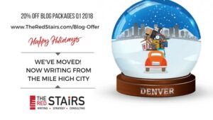 The Red Stairs is expanding and moving to Denver. Offering 20% off blog packages Q1 2018