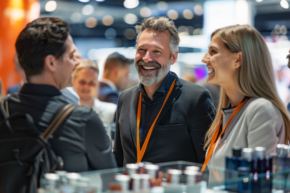 lively trade show scene, Professionals chat and laugh, with one man in his thirties smiling, surrounded by colleagues with lanyards, against a backdrop of display lights.