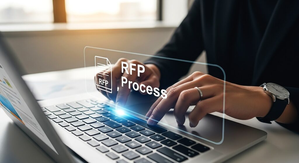 Person typing on laptop with rfp process overlay and wearing a watch on their left wrist